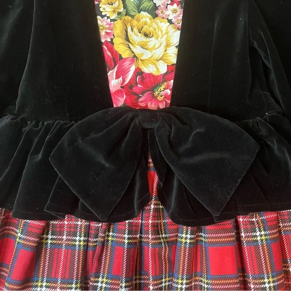 Vintage Daisy Kingdom Tartan Plaid Floral Velvet Holiday Dress Kids